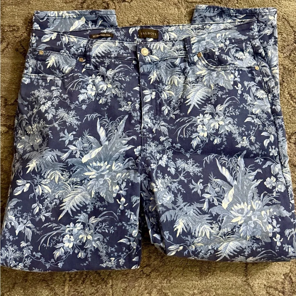 Navy Floral Print Talbots Slim Ankle Jeans Cotton Blend Stretch Women’s 16 NWOT - Picture 2 of 4